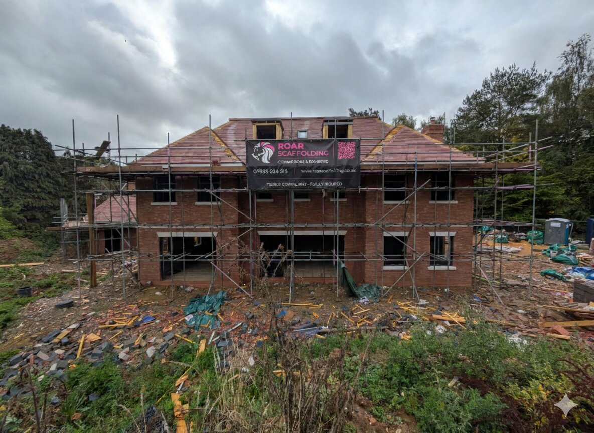 reading house with scaffolding