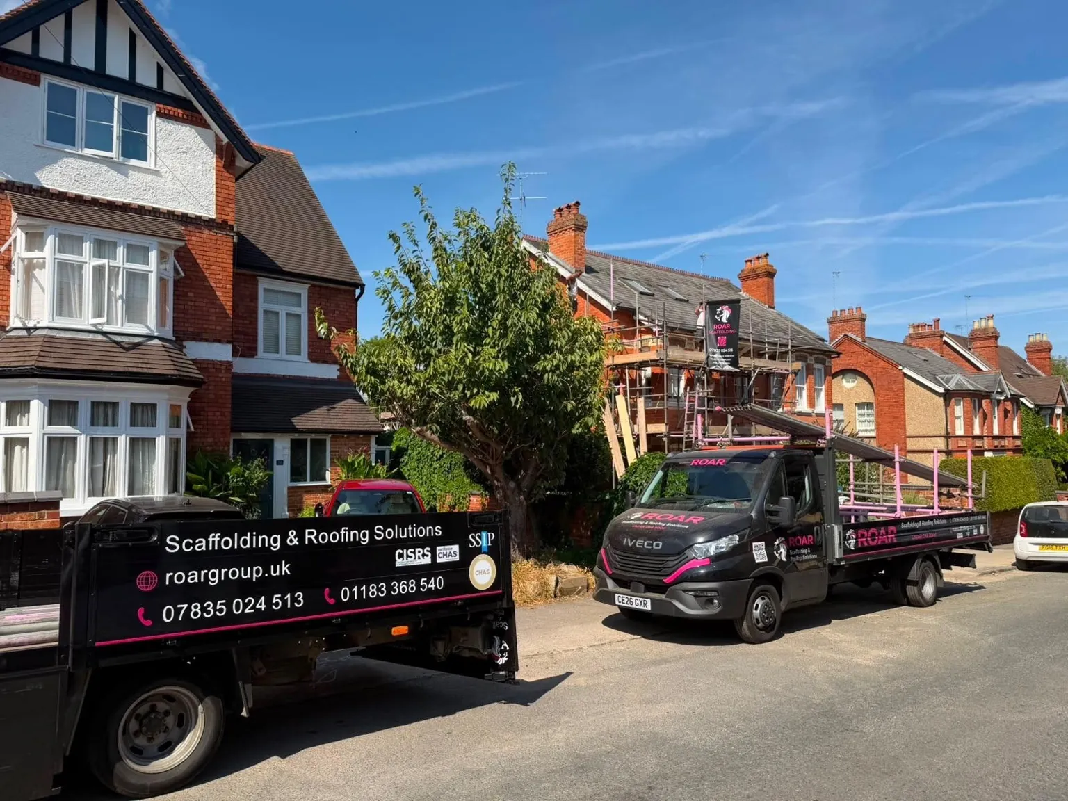 Roar Scaffolding vehicle outside a period red-brick property in Henley-on-Thames during a residential scaffold build