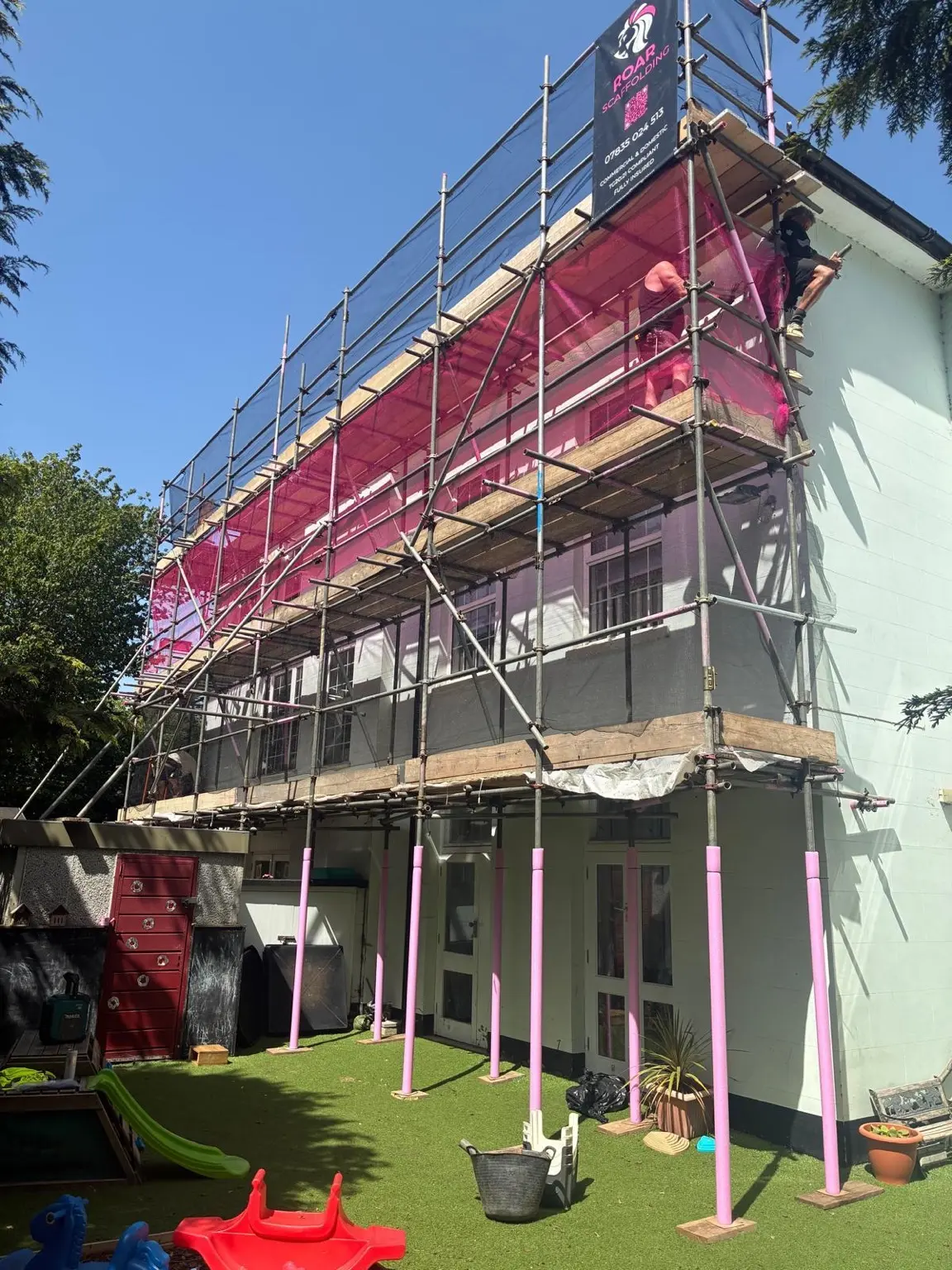 Completed ROAR scaffold with debris netting and padded standards at a Newbury nursery