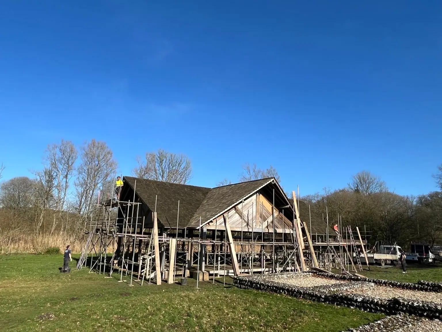 Wide view of access scaffolding surrounding the timber pavilion at Littlecote Roman Villa near Hungerford
