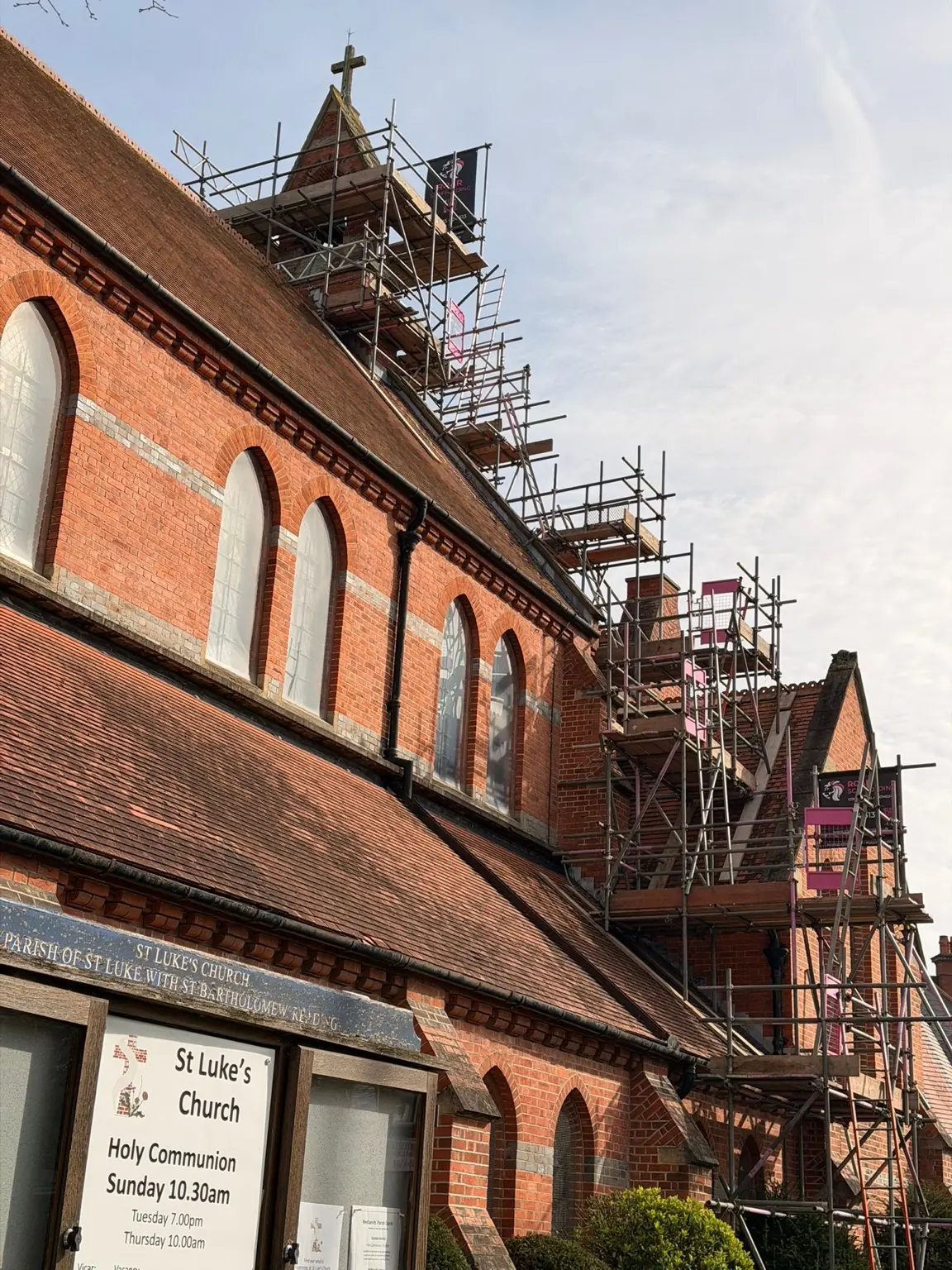 Stepped wraparound scaffold around the bell tower at St Luke's Church, Reading