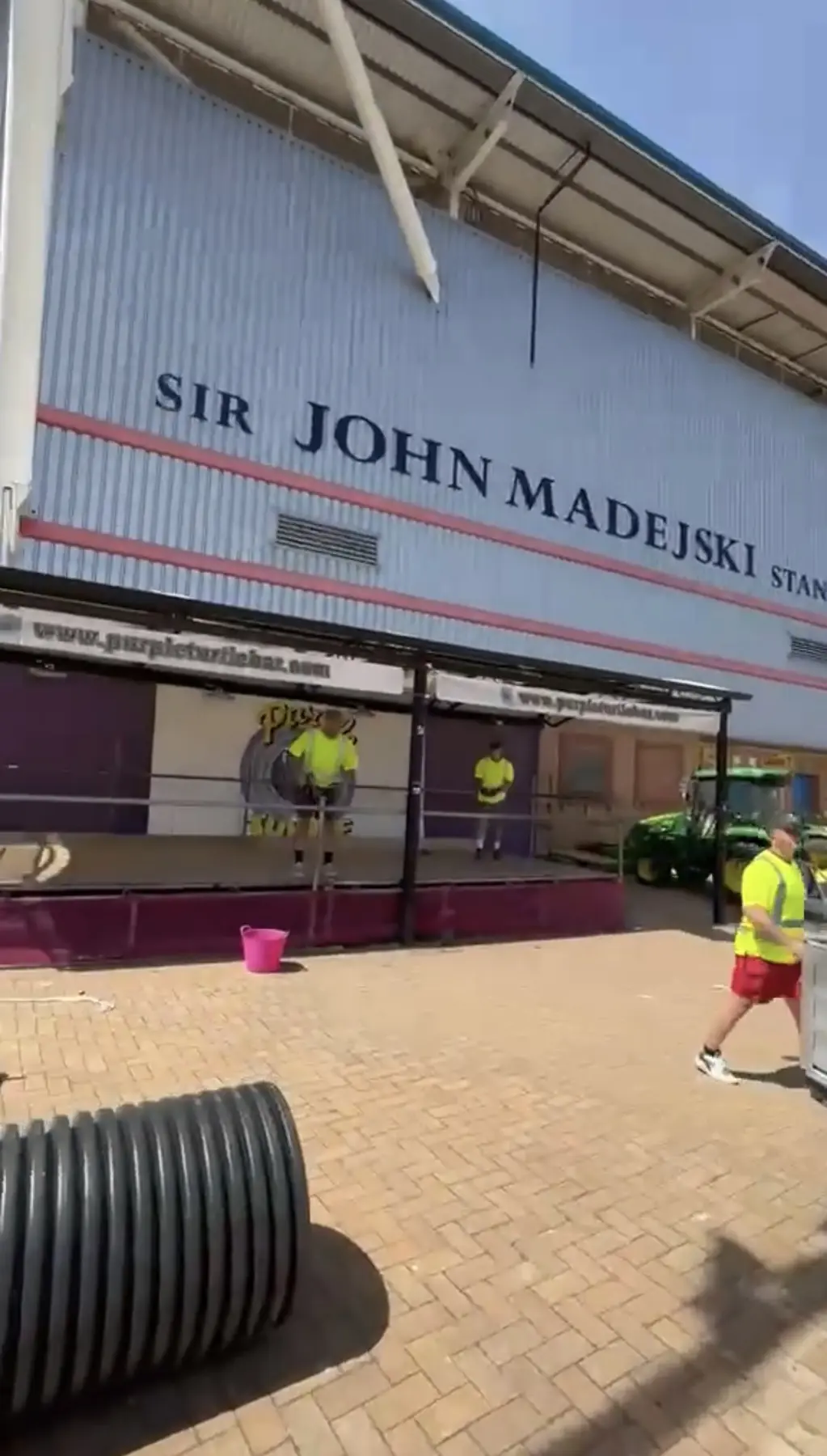 Temporary scaffold performance stage beneath the Sir John Madejski Stand at Reading Football Club