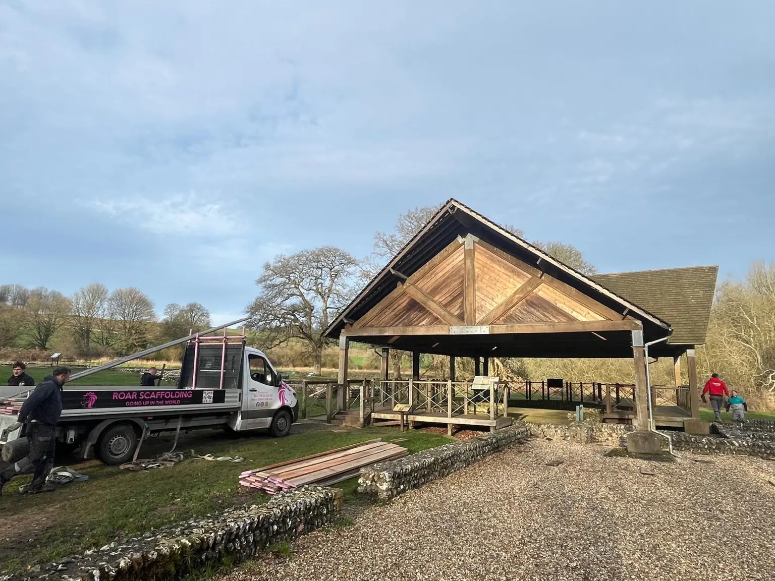 ROAR Scaffolding vehicle beside the timber pavilion at Littlecote Roman Villa before the full access scaffold was completed