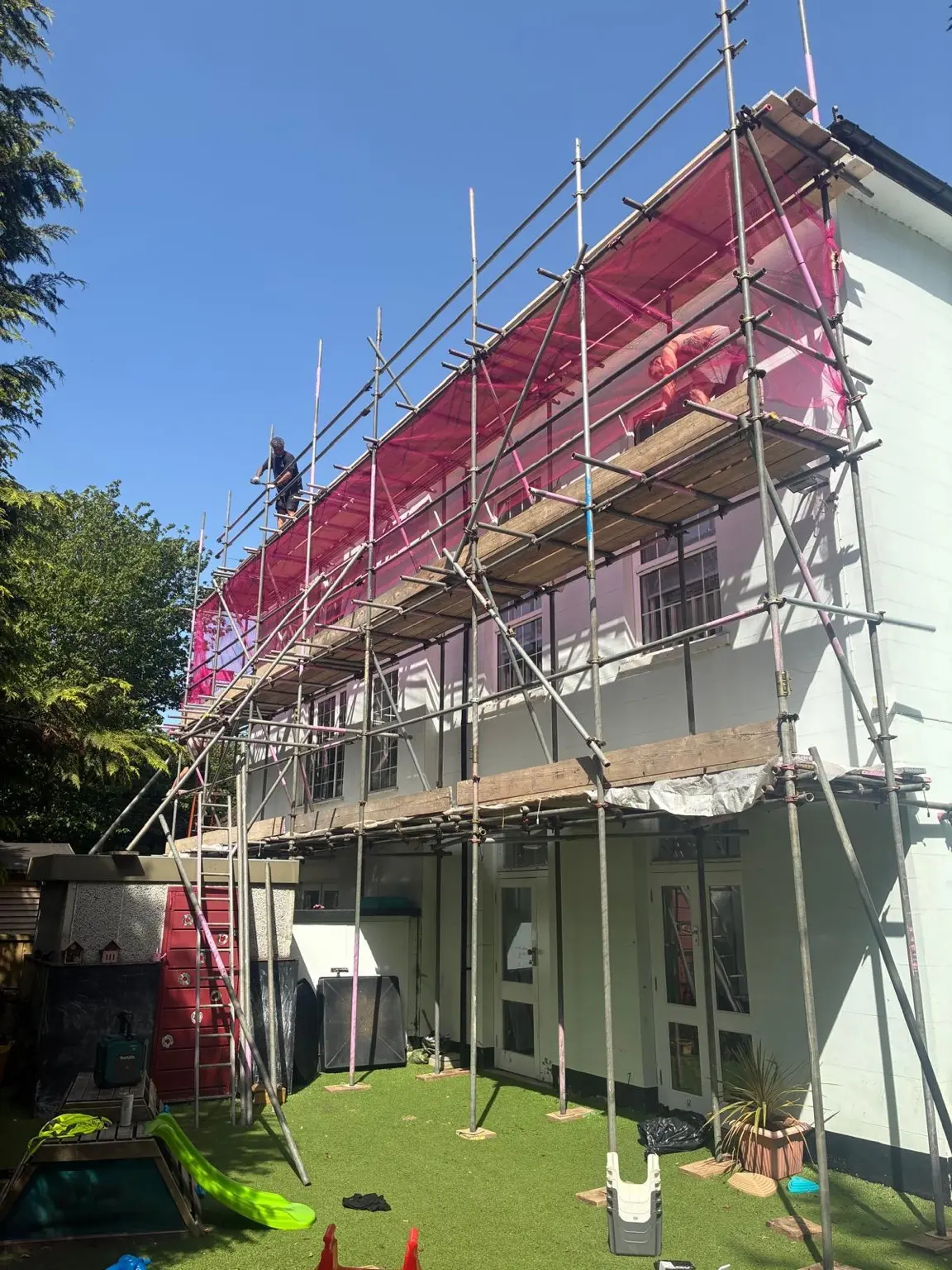 Full debris-netted scaffold across the nursery elevation in Newbury
