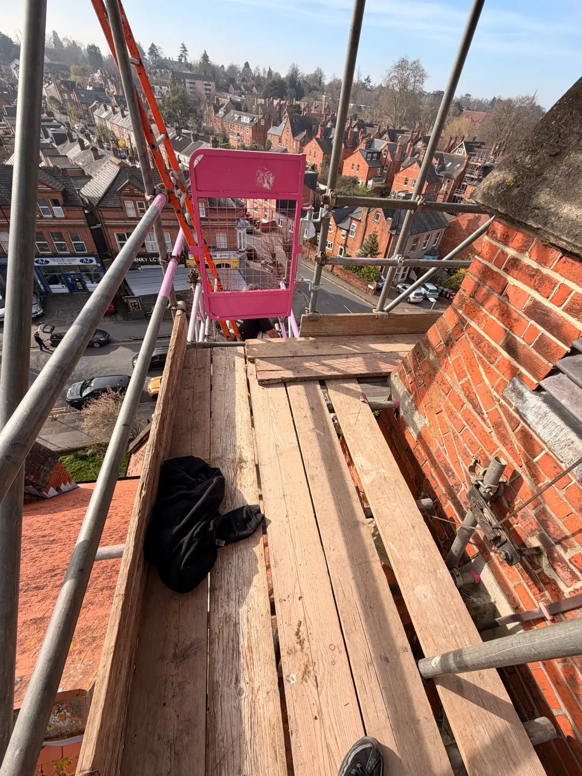 Boarded platform and access gate at the bell tower scaffold, St Luke's Church
