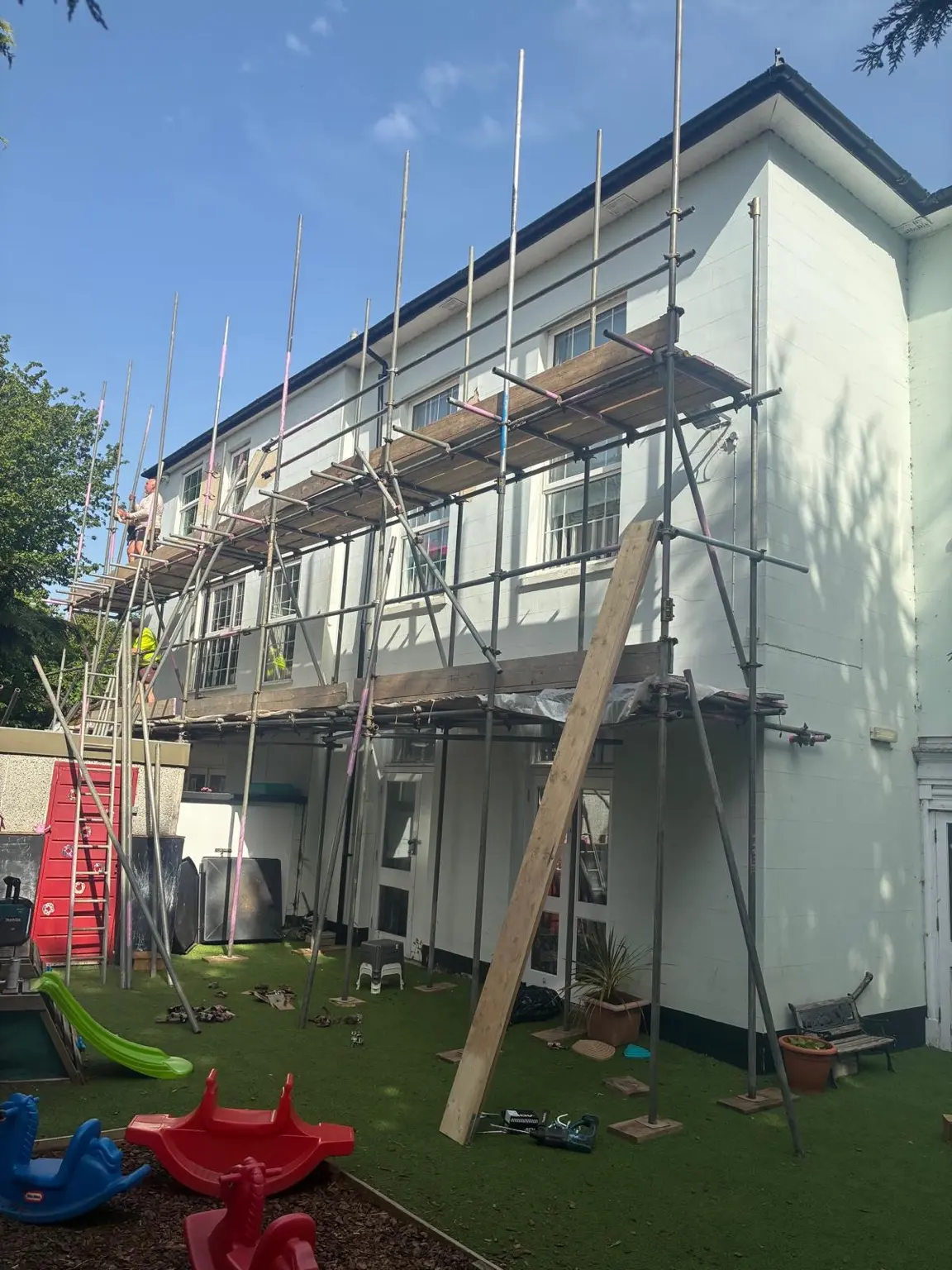 Progress view of the scaffold installation within the nursery garden